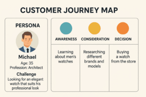 Customer Journey Map diagram illustrating the Awareness, Consideration, and Decision stages a customer goes through